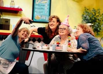 'Halfway There'. L to R: Mandy Davidson as Janine ; Holly Wenning as Rita; Ruth Francoeur as Mary Ellen; Henri Canino as Vi. Image courtesy of Theatre Sarnia.