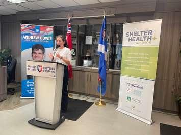 Dr. Sherry Bondy, medical director of the Windsor Shelter Health Associates, speaks on continued provincial funding, July 16, 2025. (Photo by Maureen Revait)  