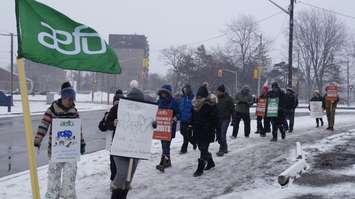 Members of AEFO walking the picket line outside Sarnia-Lambton MPP Bob Bailey's office. 13 February 2020. (BlackburnNews.com photo by Colin Gowdy)