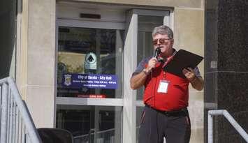 Inn of the Good Shepherd Executive Director Myles Vanni speaks at Stand up Against Poverty rally. October 18, 2024. (Photo by Natalia Vega)