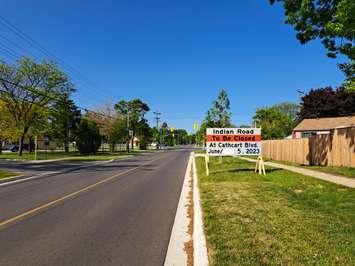 Road closure sign for Indian Road at Cathcart Boulevard. May 29, 2023. (Blackburn News file photo)
