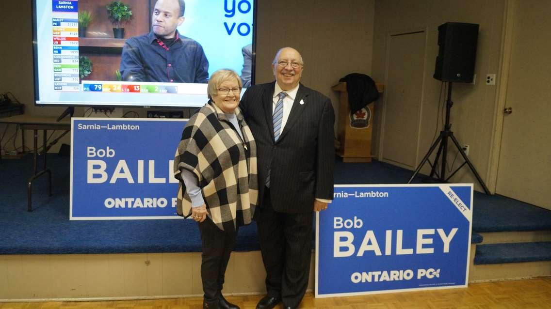  Progressive Conservative incumbent Bob Bailey with his wife, Elizabeth at the Wyoming Legion. February 27, 2025. (Blackburn Media photo by Natalia Vega.)