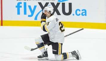 Sarnia Sting forward Tyson Doucette celebrates a goal - Oct. 25/24 (Photo courtesy of Metcalfe Photography)