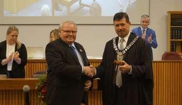 Former Lambton County Warden Bill Weber and Lambton County Warden Kevin Marriott (Photo by: Lindsay Newman/ Blackburn Media)