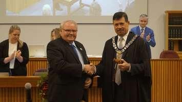 Former Lambton County Warden Bill Weber and Lambton County Warden Kevin Marriott (Photo by: Lindsay Newman/ Blackburn Media)