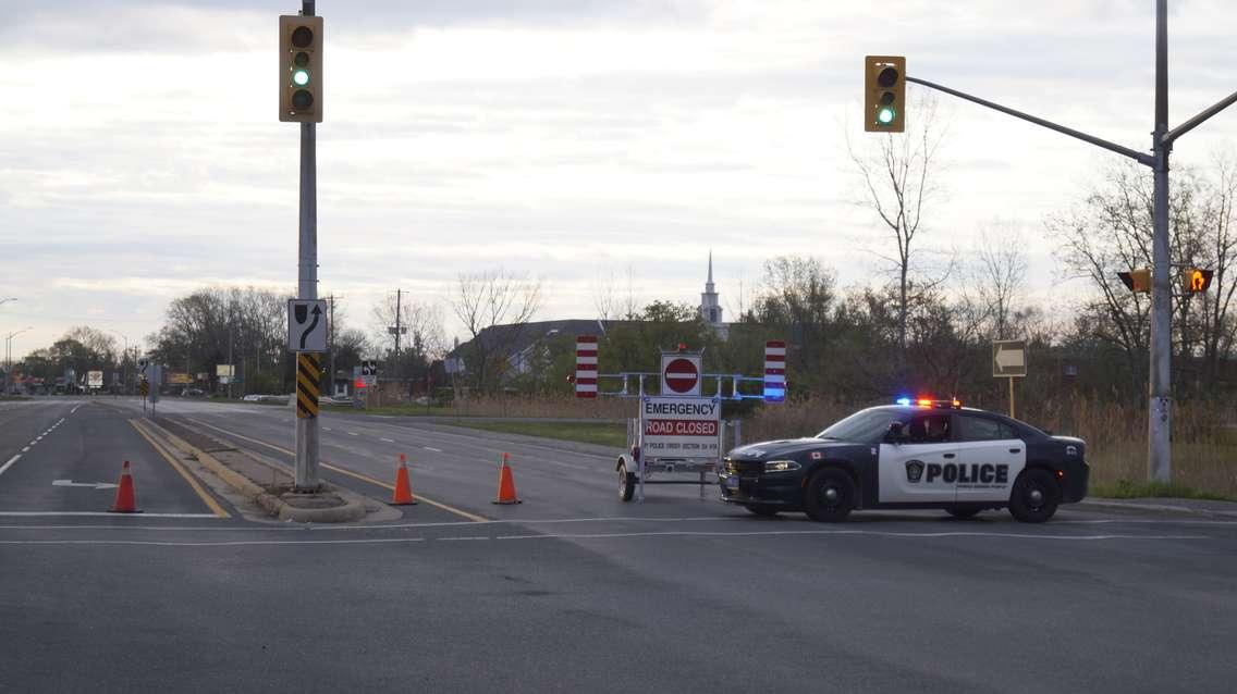 A Sarnia Police cruiser blocks-off a section of London Line near Modeland Road. 7 May 2021. (BlackburnNews.com photo by Colin Gowdy)