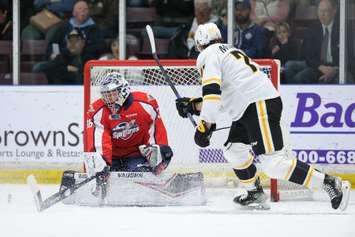 Windsor Spitfires at Sarnia, October 14, 2022. Photo courtesy of Metcalfe Photography.