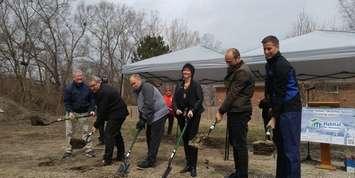 (Left to right) Pastor Eric Campbell, Warden Bill Weber, Dave Waters, Julie Jenkins, Nathan Colquhoun and Rob Vandenende at the site of the affordable seniors' housing project. April 11, 2018. (Photo by Colin Gowdy, Blackburn News)
