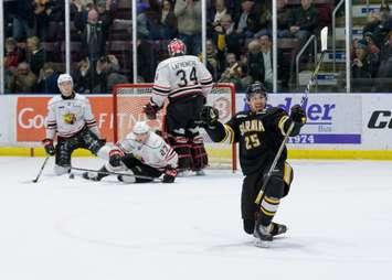 Jordan Kyrou celebrates OT winning goal vs the Attack Mar. 4, 2018 (Photo courtesy of Metcalfe Photography)