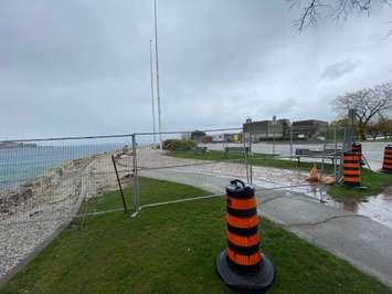 A fence surrounds the Rotary Club of Sarnia-Bluewaterland Flag Plaza near the Blue Water Bridge. May 2, 2023. Photo by Melanie Irwin
