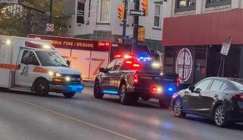 Emergency vehicles on scene at Christina Street North and Cromwell Street in downtown Sarnia, October 18, 2024. Photo by Eve Morgan.