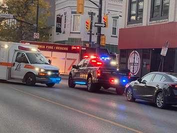 Emergency vehicles on scene at Christina Street North and Cromwell Street in downtown Sarnia, October 18, 2024. Photo by Eve Morgan.