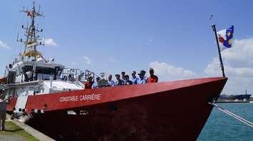 The Memorial Cup is loaded on the Canadian Coast Guard Ship Constable Carriere to travel to the Memorial Cup host city of Windsor.  May 18, 2017 (Photo by Melanie Irwin)