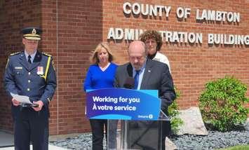 Associate Minister of Mental Health and Addictions Michael Tibollo announces investment for a new mobile crisis response team in Lambton County. May 8, 2024. (Photo by Josh Boyce) 