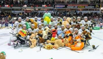 Sarnia Sting host Saginaw in annual Teddy Bear Toss game Sunday, Dec 1, 2024. Photo by Metcalfe Photography. 