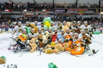 Sarnia Sting host Saginaw in annual Teddy Bear Toss game Sunday, Dec 1, 2024. Photo by Metcalfe Photography. 