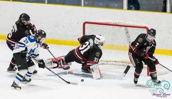 Sarnia Legionnaires goalie Will Barber makes a save against the London Nationals - Feb 13/18 (Photo By Shawna Lavoie Via Sarnia Legionnaires on Facebook)
