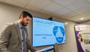 SLEP Senior Economic Development Officer Matthew Slotwinski makes a presentation for Minister Wilkinson (Blackburn Media Photo by Josh Boyce)