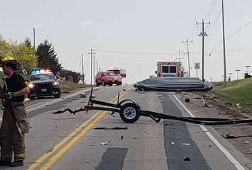 Debris from a collision on Oil Heritage Road outside Petrolia. April 2021. (Photo provided by Lambton OPP)
