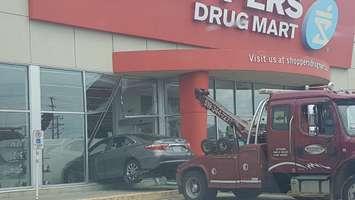 A car smashed through the front of the Shoppers Drug Mart on Exmouth St. in Sarnia Aug. 6, 2018 BlackburnNews.com photo by Hilary Ryan