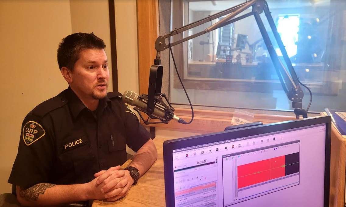 Lambton OPP Media Relations Officer Cst. Jamie Bydeley in studio. February 14, 2024. (Photo by Stephanie Chaves)