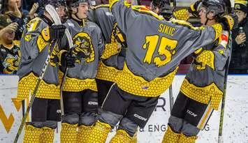 The Sarnia Sting wear the winning jersey from the 2023 RCSS design contest - Feb 2024 (Photo courtesy of Metcalfe Photography)