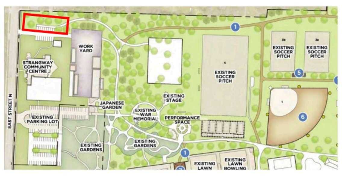 An artist rendering of the proposed location (red box) for the Women's Interval Home supportive housing project. Image captured from City of Sarnia council agenda.