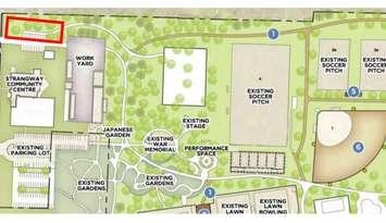 An artist rendering of the proposed location (red box) for the Women's Interval Home supportive housing project. Image captured from City of Sarnia council agenda.