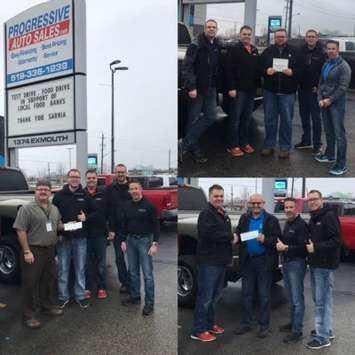 Progressive Auto Sales staff present donations to Inn of the Good Shepherd's Myles Vanni (left),  Salvation Army Captain Mark Braye (top right) and George Weisz of St. Vincent de Paul (bottom right). Submitted photo.