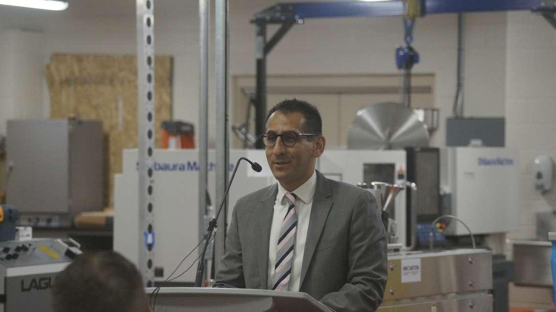 Lambton College VP of Research & Innovation Mehdi Sheikhzadeh during the official launch of the school's Canadian Extrusion Lab. 11 October 2023. (Photo by SarniaNewsToday.ca)