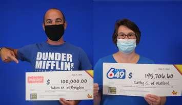 Adam Martin of Brigden (left) and Cathy Case of Watford (right) hold up cheques for their lottery winnings. (Photos courtesy of OLG)