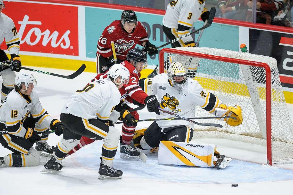 The Sarnia Sting taking on the Guelph Storm in Game 3 of the opening round playoff series. 4 April 2023. (Metcalfe Photography)