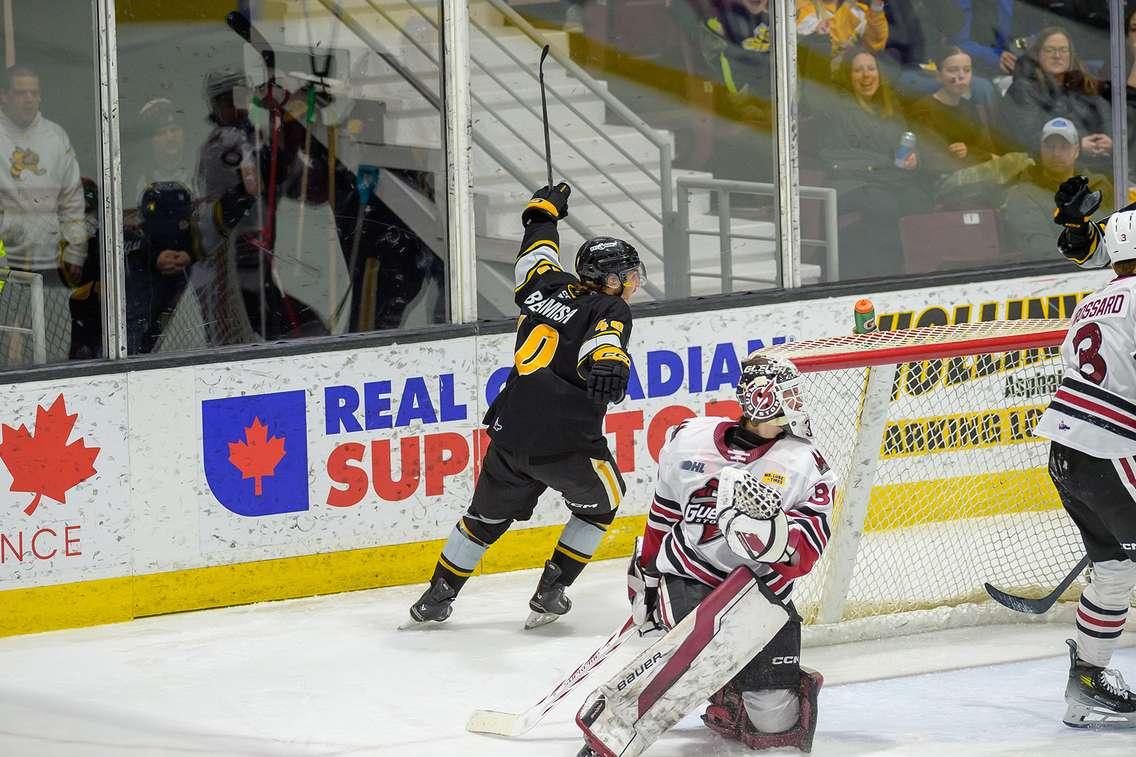 Sarnia Sting forward Liam Beamish scores against Guelph - Mar 2/25 (Photo courtesy of Metcalfe Photography)