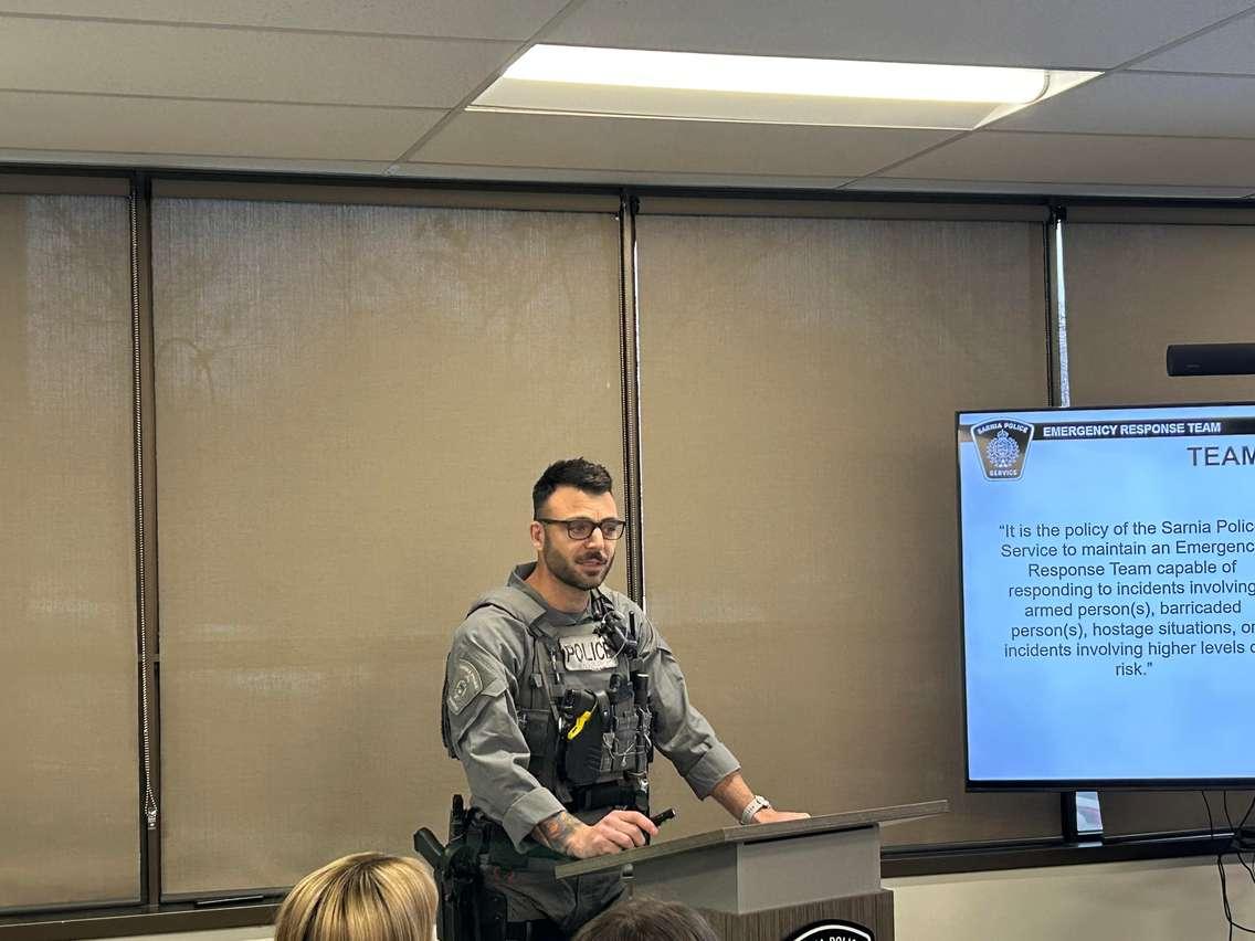 Cst David Ferrera doing a presentation at the Sarnia Police Service Board Feb. 27/25. (Photo by: Lindsay Newman/Blackburn Media)