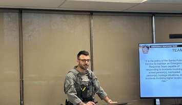 Cst David Ferrera doing a presentation at the Sarnia Police Service Board Feb. 27/25. (Photo by: Lindsay Newman/Blackburn Media)