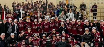 The Chatham Maroons celebrate after winning the GOJHL's Western Conference Final. (Photo via the Greater Ontario Junior Hockey League on Facebook / Josh Mailloux Photography)