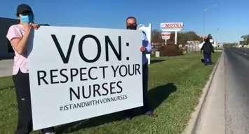 VON Sarnia-Lambton employees on strike outside the Sarnia VON office on London Line. 1 May 2021. (Screenshot from submitted video)
