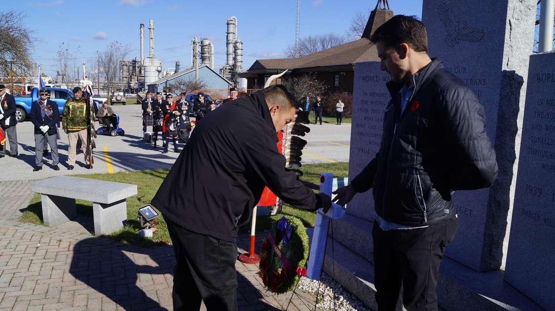 Grand Deputy Chief Chris Plain at the Aamjiwnaang Remembrance Day ceremony, November 8, 2024 (Photo by: Lindsay Newman/ Blackburn Media)