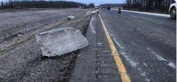Armour stone spills onto highway 402 - March 11/20 (Photo courtesy of OPSEU 139 on Twitter)