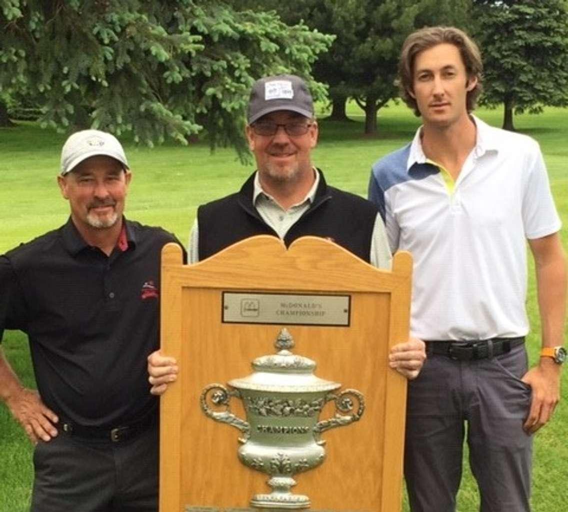 A photo of the 2019 Men's Champion (Ethan O'Meara), SR. Men's Champion (Leon Stadwick) and long-time event sponsor from McDonald's Restaurants (Markus Schulz) (Photo courtesy of Sarnia Golf and Curling Club)