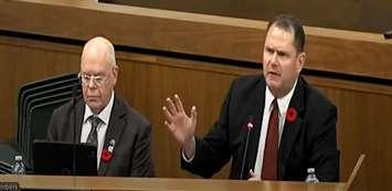 Lambton Shores Mayor Doug Cook, City/County Councillor Bill Dennis. Image captured during virtual Lambton County Council meeting, Nov 6, 2024. 