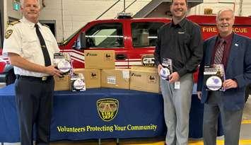 Petrolia & North Enniskillen Fire Chief Rick Cousins, Senior Advisor for Enbridge Spencer Pray, and Mayor Brad Loosley. November 22, 2024. (Photo courtesy of The Town of Petrolia)