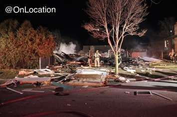 Windsor fire crews attend the scene of a house explosion on Aspen Lane in Windsor's Forest Glade neighbourhood on Sunday, March 19, 2023 (Photo courtesy of @_OnLocation_)
