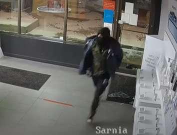 A suspect wanted in the theft of cell phones from a Lambton Mall Rd. business - Mar 14/22 (Photo courtesy of Sarnia Police Service)