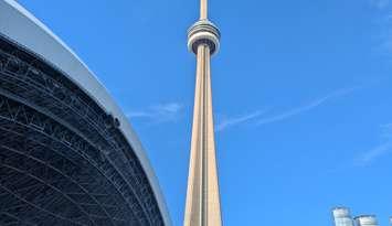 CN Tower from Rogers Centre, Toronto, August 7, 2024. Photo by Mark Brown/WindsorNewsToday.ca.