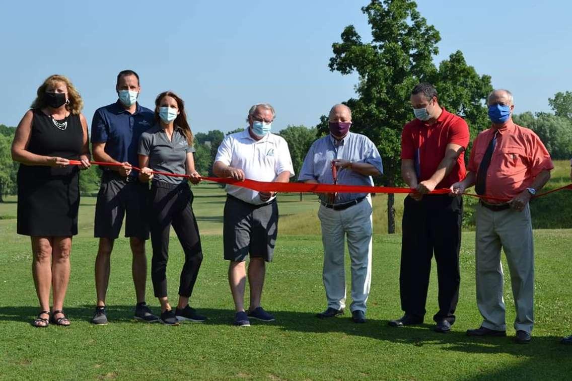 Local dignitaries including Sarnia-Lambton MP Marilyn Gladu, Lambton County Warden Bill Weber, Sarnia-Lambton MPP Bob Bailey, Tourism Sarnia-Lambton Executive Director Mark Perrin and Petrolia Mayor Brad Loosley join  Jenna and Joe Gorzeman at the opening of Kingwell Glen Golf Club. July 9, 2020 Photo courtesy of MPP Bob Bailey.