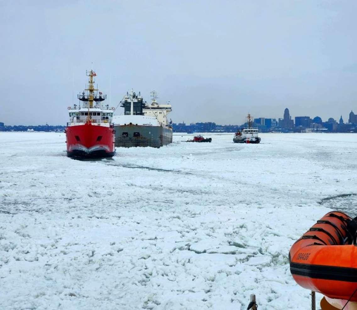 U.S. Coast Guard Cutters Bristol Bay and Neah Bay and Canadian Coast Guard Cutter Samuel Risley assisting the Manitoulin. Photo courtesy of USCG Great Lakes via X. 