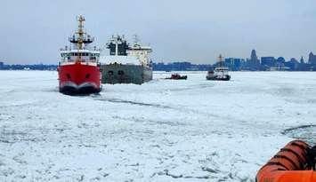 U.S. Coast Guard Cutters Bristol Bay and Neah Bay and Canadian Coast Guard Cutter Samuel Risley assisting the Manitoulin. Photo courtesy of USCG Great Lakes via X. 