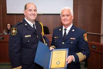 Fire Chief Bryan Van Gaver recognized by Ontario's Office of the Fire Marshal at Sarnia City Council. January 15, 2024. (Photo courtesy of Sarnia Fie Rescue via X)