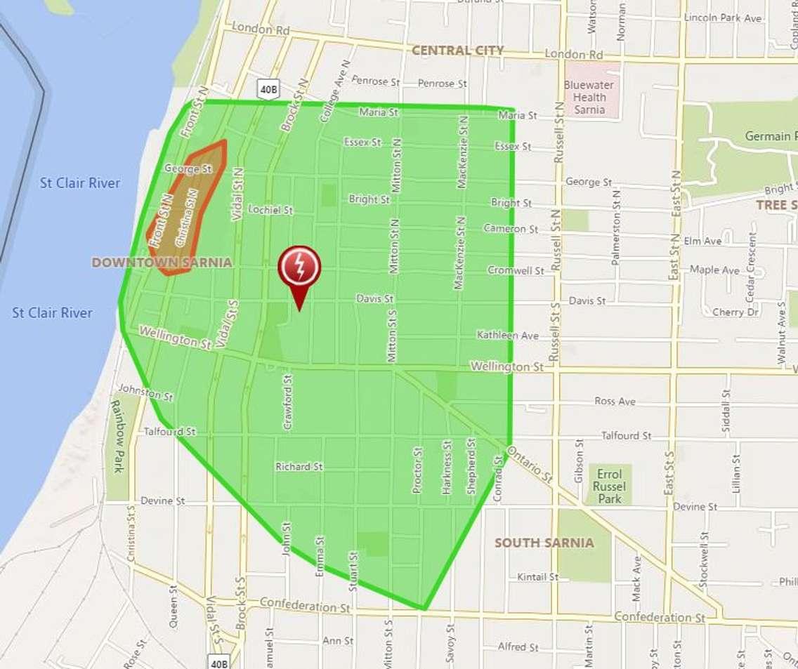 A power outage in Sarnia's downtown - Jan 4/24 (Photo via Bluewater Power outage map)